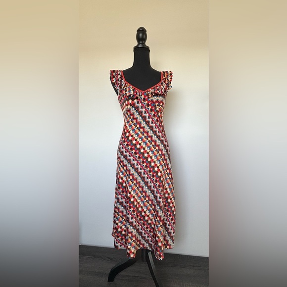 Vintage Midi Dress Hot Kiss Retro Psychedelic Heart Print With Ruffle Straps M - Picture 2 of 14